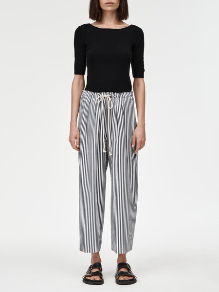 Crop Drawstring Pleat Front Pant in Black & White Stripe