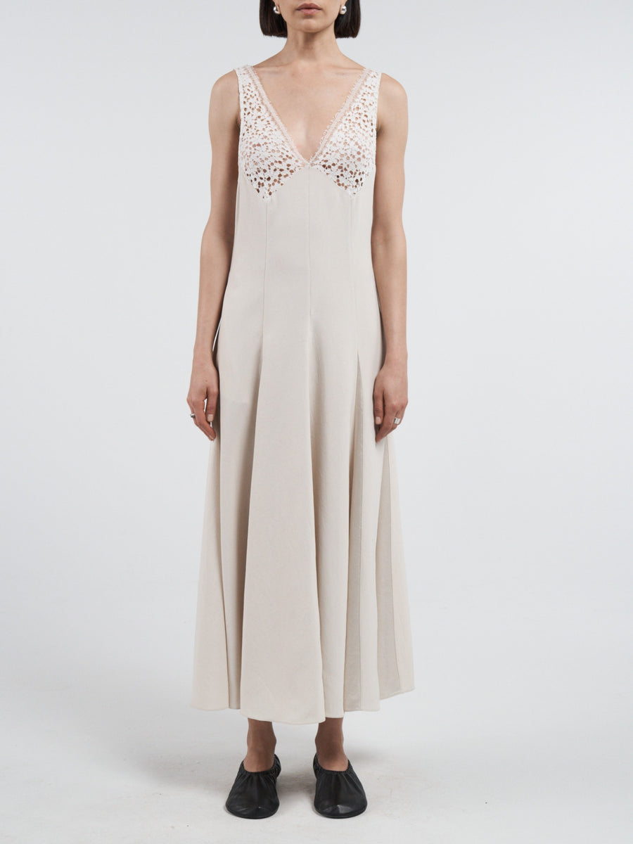 Maria Mcmanus V-Neck Lace Godet Dress, Ivory, Women's, 2, Cocktail & Party Wedding Guest Dresses V-Neck Dresses