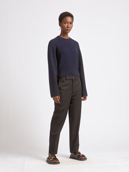 Recycled Cashmere x Organic Cotton Crop Bell Sleeve Crew in Midnight Navy