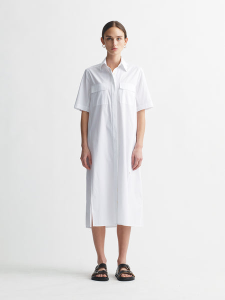 Short Sleeve Pocket Shirt Dress in White Poplin