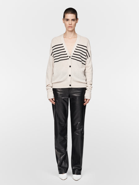 Featherweight Boyfriend Cardigan in Crema w/ Black Stripe – Maria