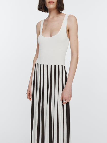 Square Neck Mesh Dress in Ivory & Chocolate Stripe