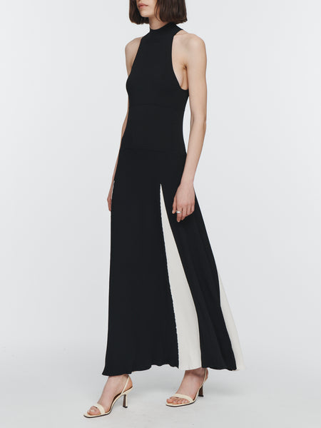 Mock Halter Neck Dress in Black with Ivory Godet