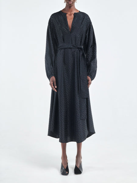 Belted Boho Dress in Black Dot Jacquard