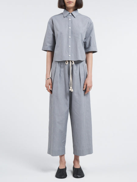 Drawstring Pleat Front Pant in Grey Railroad Stripe