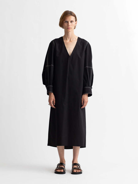 Organic Cotton Engineered Sleeve Dress in Black w/Contrast Stitching