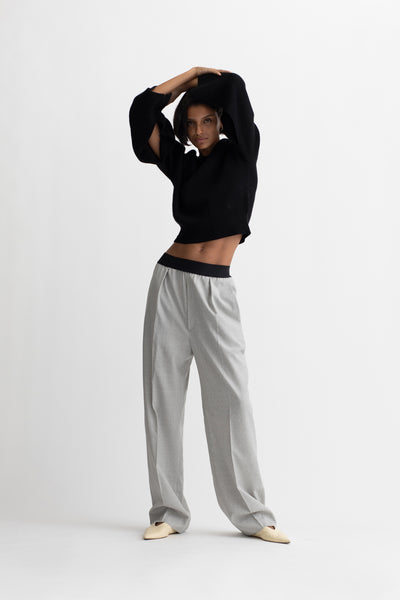 Responsible Wool High Waisted Wide Leg Pull On Pant in Light Heather Grey