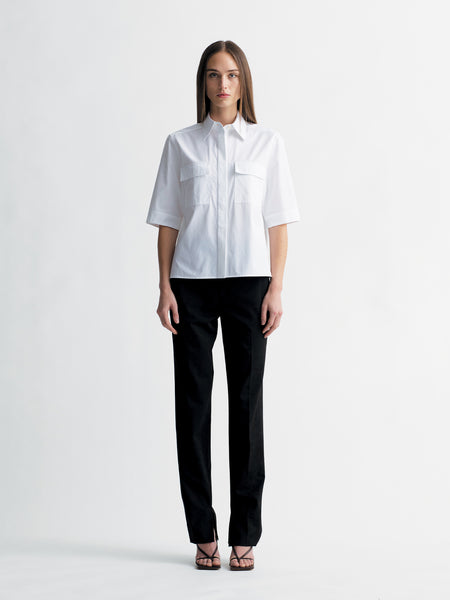Short Sleeve Pocket Shirt in White Poplin