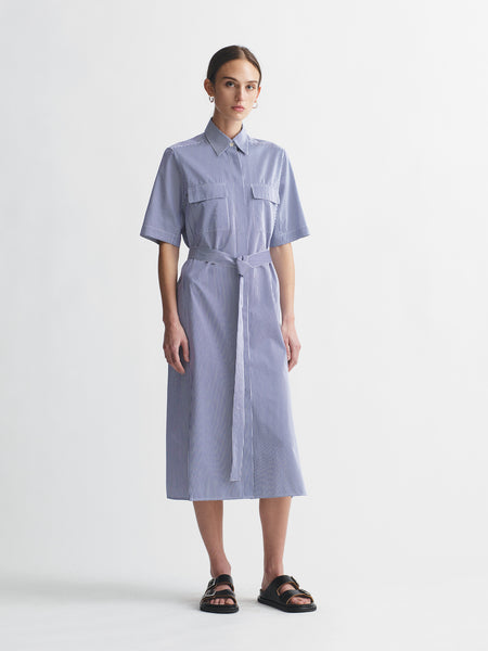 Short Sleeve Pocket Shirt Dress in Royal Blue Narrow Stripe