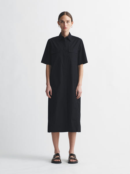 Short Sleeve Pocket Shirt Dress in Black Poplin